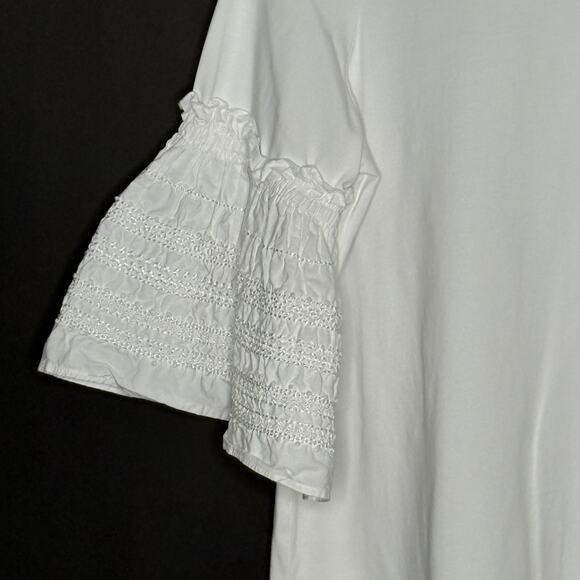 Chicos M Ruffle Bell Sleeve Top White Crewneck 3/4 Sleeve Cotton Blend Boxy - Picture 5 of 9